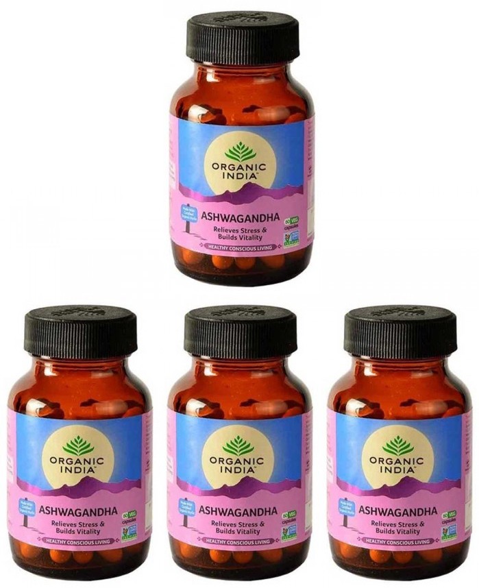 Organic India ASHWAGANDHA BIO (4 paquets de 60 gélules végétales) - Plante ayurvédique traditionnelle - 100% certifiées biologiques